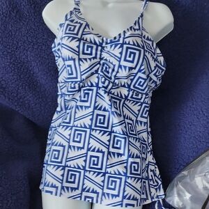 Blue and White Geometric Tankini Top